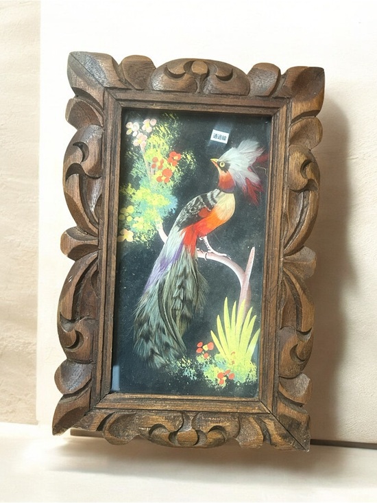 Other - Vintage Hand Crafted Asian Feather Bird Wall Art - Small Mixed Media Painting